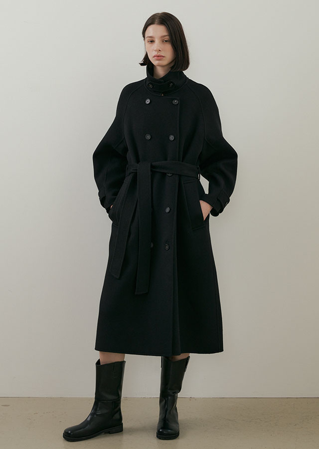 handmade wool double trench coat-black