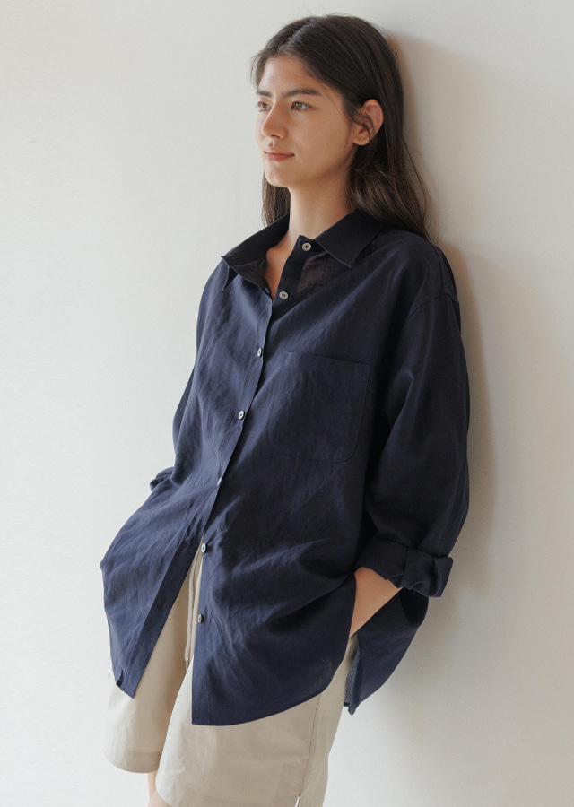 [10%] linen bamboo blended wrap shirt-navy