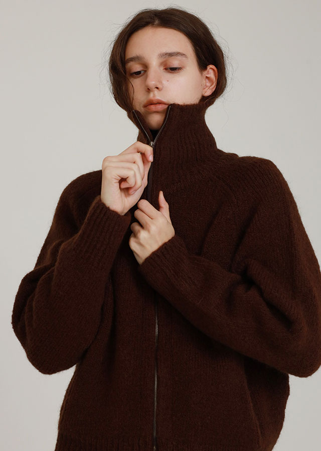 [15%] mohair knit zip-up-brown