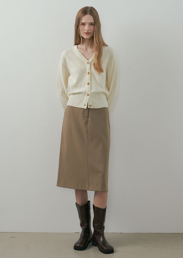 wool semi A-line skirt-Khaki beige