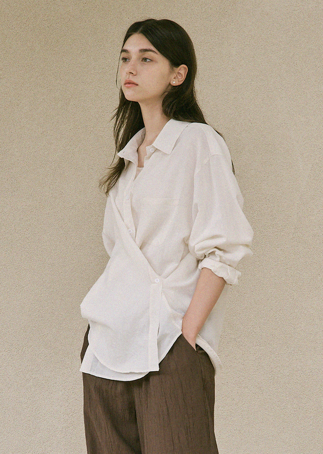 [10%] linen bamboo blended wrap shirt-cream