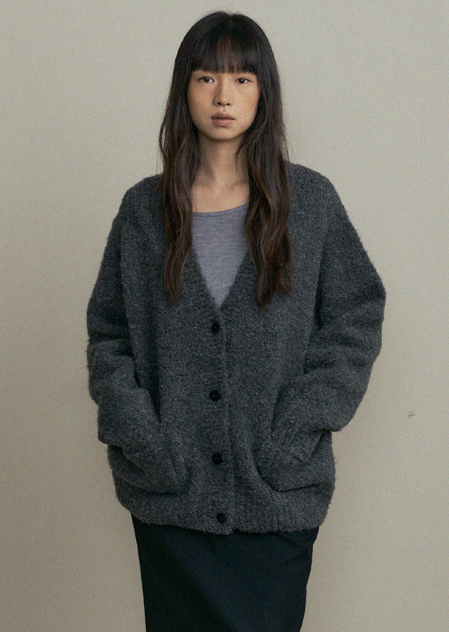 boucle knit cardigan-charcoal (Long size 12월 15일 이후 순차배송)