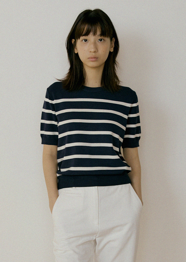 stripe round knit top-navy+ivory