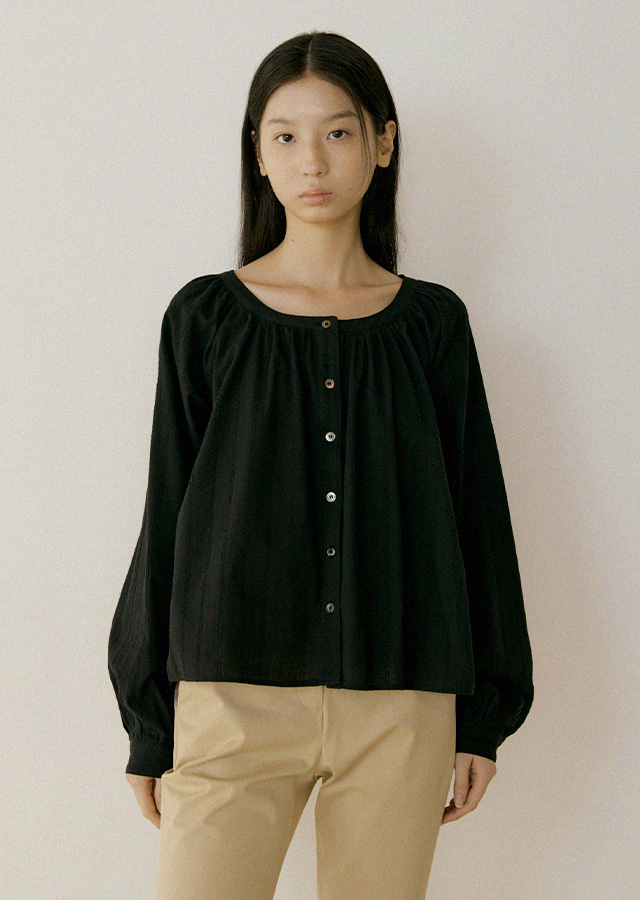 [10%] stripe shirring volume blouse-black