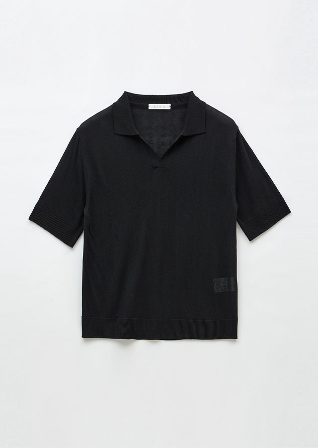 linen open collar knit TOP-black