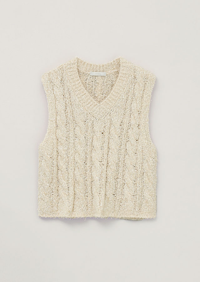 cable cotton blended knit vest-ivory