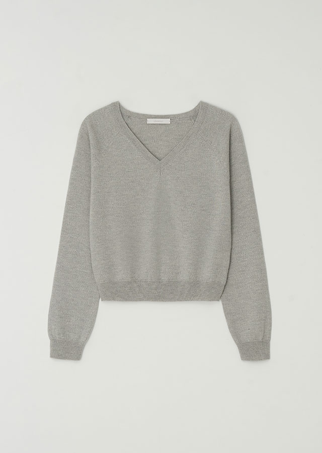 merino wool V-neck knit top-gray