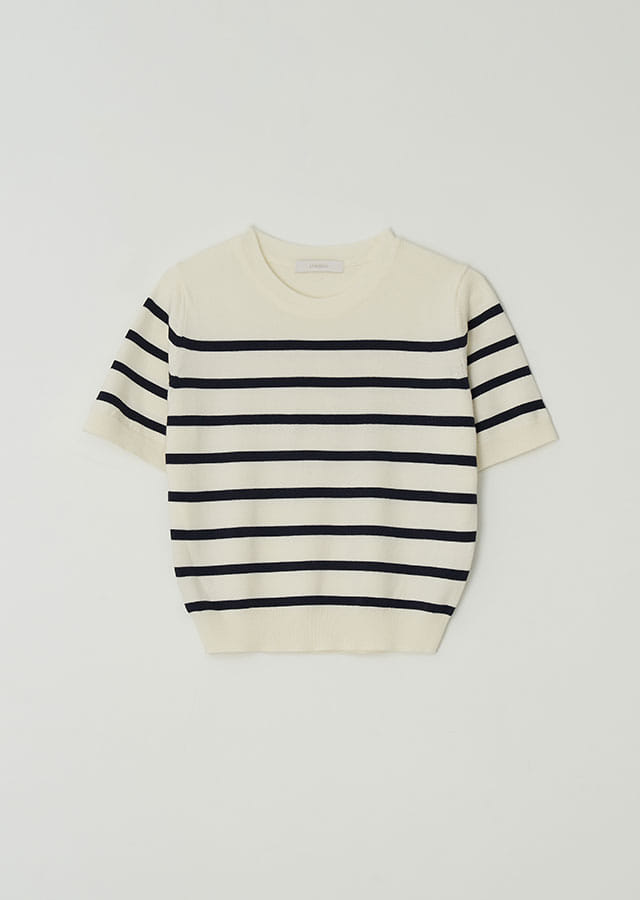 stripe round knit top-ivory+navy