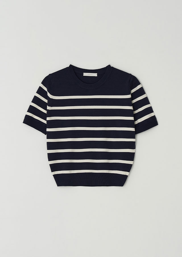 stripe round knit top-navy+ivory